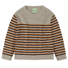 Load image into Gallery viewer, Striped sweater with a visible brand label on a white background