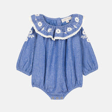 Load image into Gallery viewer, Blue baby romper with floral embroidery on a white background