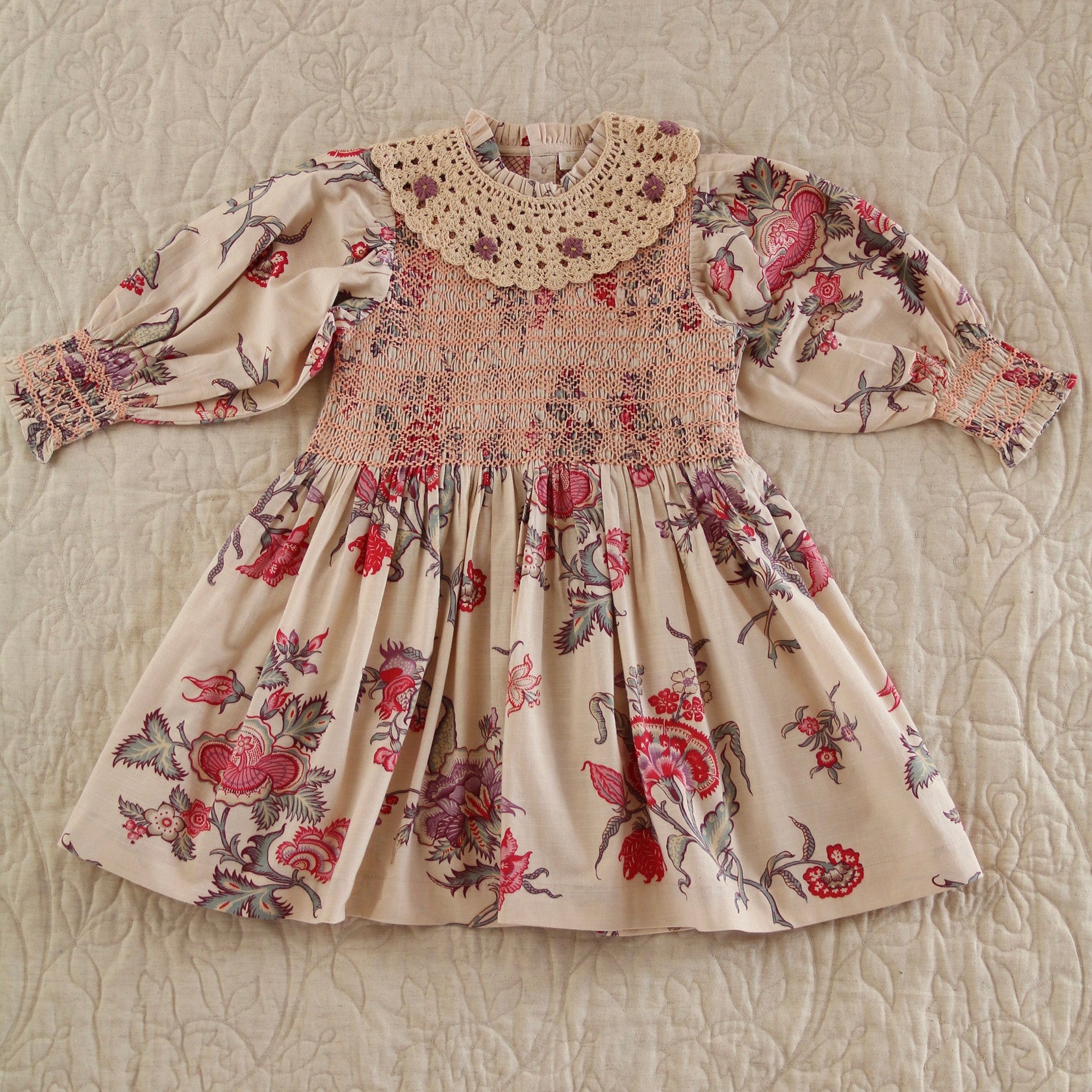 Bonjour Diary - Handsmock Dress with Crochet Collar (Venice Print