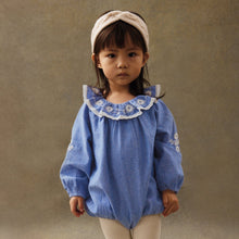 將圖片載入圖庫檢視器 Young girl wearing a blue blouse with lace collar and white tights against a brown background