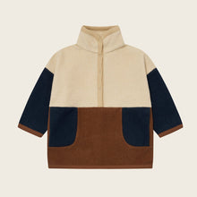 Load image into Gallery viewer, Color-blocked sweater with beige, navy, and brown sections on a light beige background