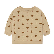 Load image into Gallery viewer, A beige long-sleeve crewneck sweatshirt with an all-over print of brown ginkgo leaves and tiny red dots, displayed flat against a solid white background.