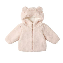 Load image into Gallery viewer, Pink baby coat with bear ears on a white background