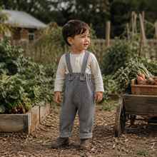Load image into Gallery viewer, A toddler boy standing in a garden wearing a white long-sleeve henley shirt and blue-and-white gingham check overalls, with a wooden cart of vegetables in the background.

