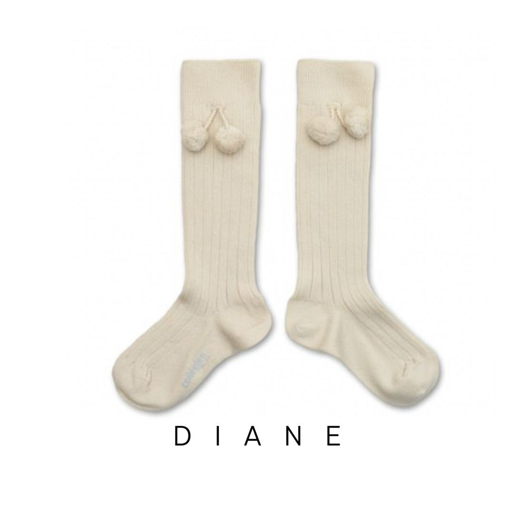 Collegien | Diane - Ribbed Knee Socks with Pom Poms - Lamb