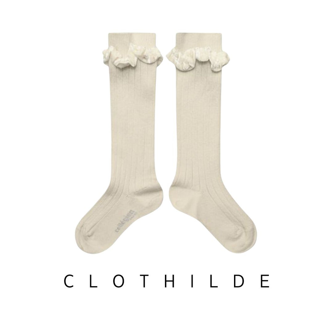 Collegien | Clothilde - Velvet-Trim Ribbed Knee Socks (Lamb)