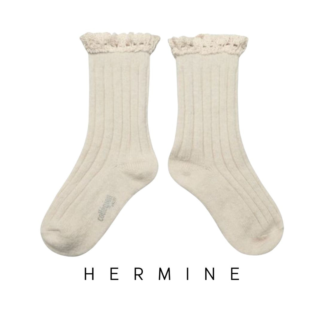 Collegien | Hermine - Wool & Cashmere Ribbed Socks with Ruffle (White)