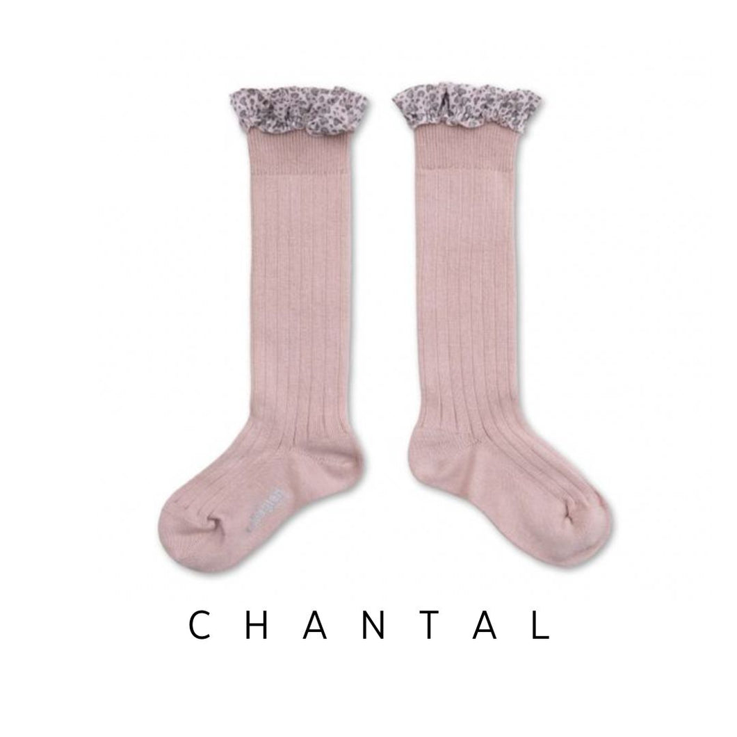 Collegien | Chantal -Ribbed Socks with Leopard Hearts - Old Rose