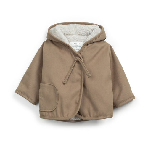 Beige hooded jacket with white lining on a white background