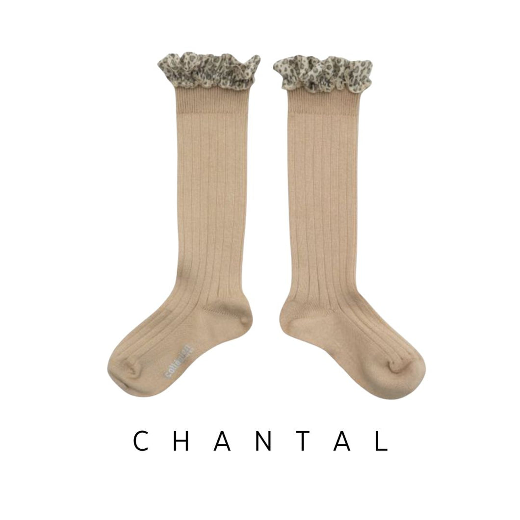 Collegien | Chantal - 羅文長襪 + 豹紋愛心摺邊 (Sable)