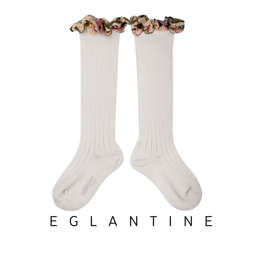 Collegien | Eglantine - Embroidered Ruffle Knee-High Socks (Snow White)
