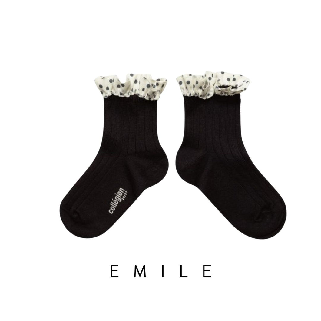 Collegien | Emilie - Polka Dots Ruffle Ankle Socks (Black)