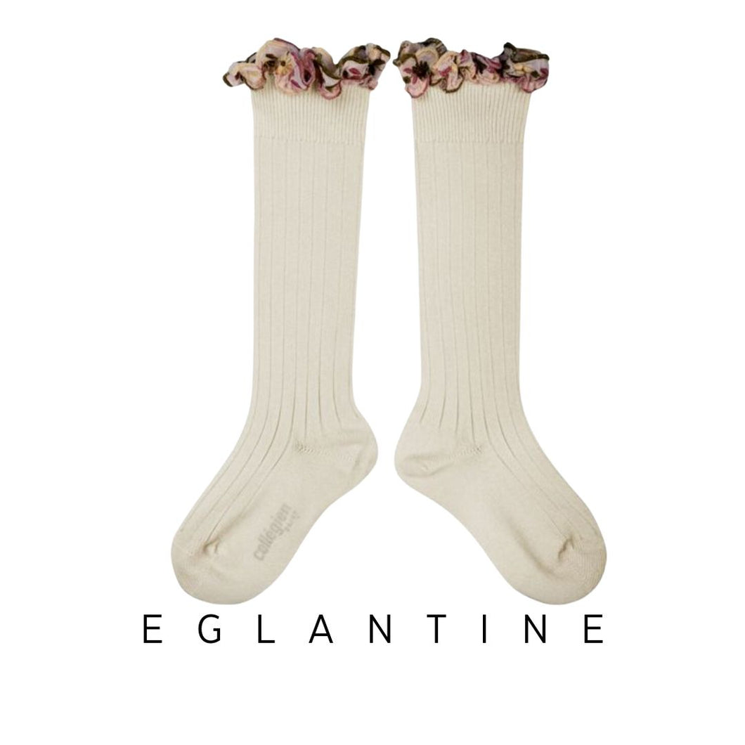 Collegien | Eglantine - Embroidered Ruffle Knee-High Socks (Lamb)
