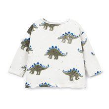 將圖片載入圖庫檢視器 A white long-sleeve baby t-shirt featuring an all-over print of gray Stegosaurus dinosaurs with blue spikes, shown against a plain white background.
