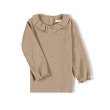 Load image into Gallery viewer, Beige long-sleeve top with ruffled collar on a white background
