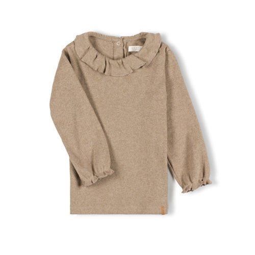 Beige long-sleeve top with ruffled collar on a white background