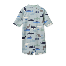 Load image into Gallery viewer, Liewood - Max Printed Shortsleeve Swimsuit (Shark / Dove blue)
