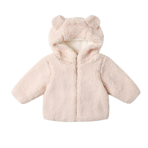 Pink baby coat with bear ears on a white background