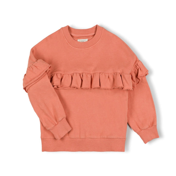 Coral sweatshirt with ruffled details on a white background