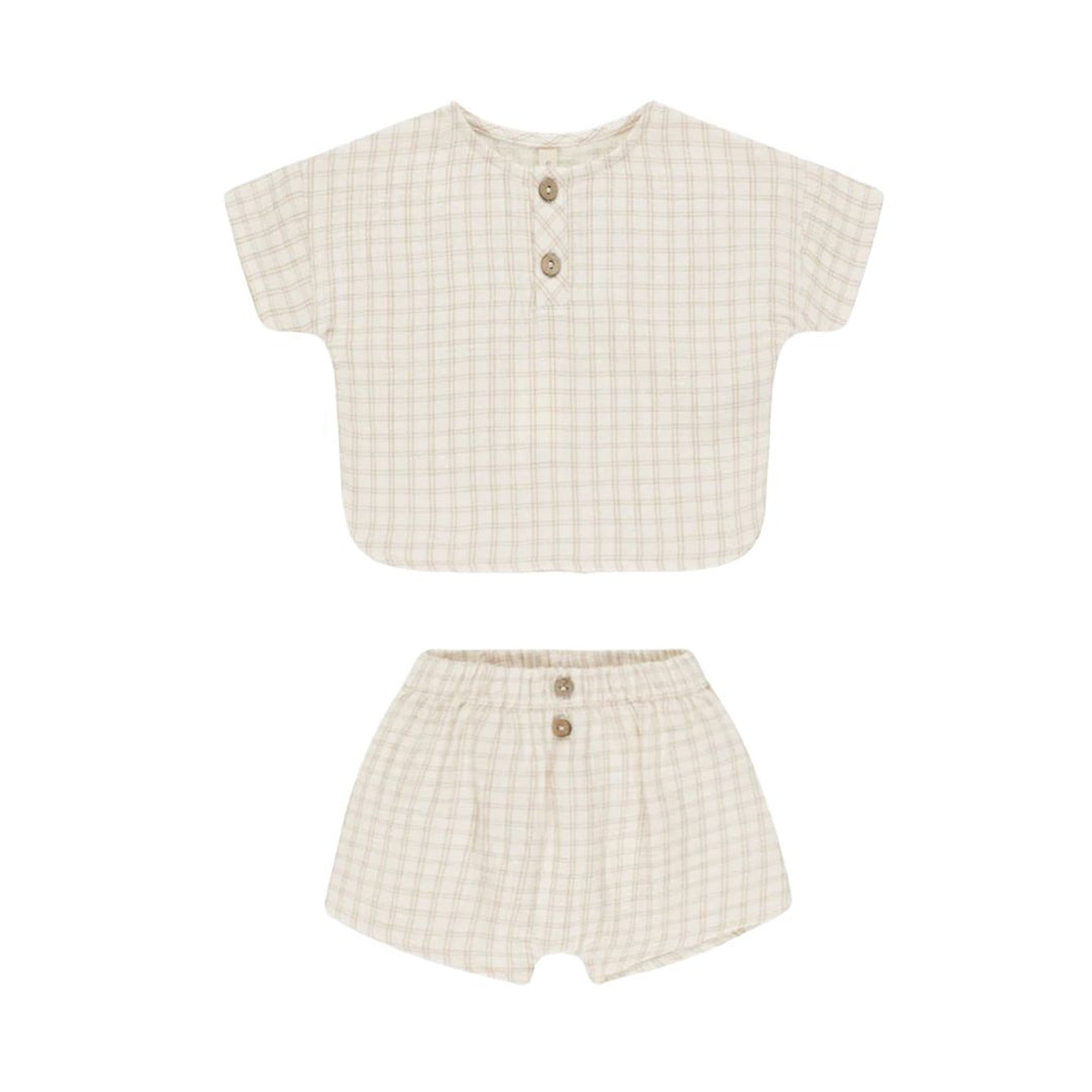 Quincy Mae - Woven Boxy Top Short Set (Oat Check)
