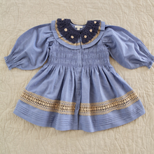Load image into Gallery viewer, Bonjour Diary - Long Dress with Crochet Collar Blue Chambray Dress 2Y-8Y
